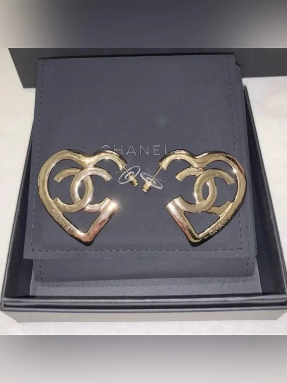 Chanel Gold-tone CC Logo Statement Large Heart Dangle Drop Earrings